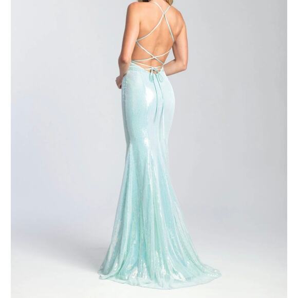 Madison James Seafoam Mermaid Maxi Gown Sz 4 sequinces open back strapes sparkle - Picture 2 of 8